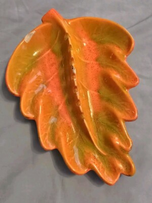 Vintage Mid Century California Pottery USA Orange Fall Leaf Shaped Ashtray Dish -image