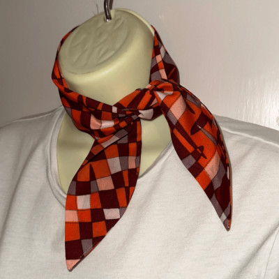 Vintage mid century funky orange, maroon, white & gray short polyester scarf-image