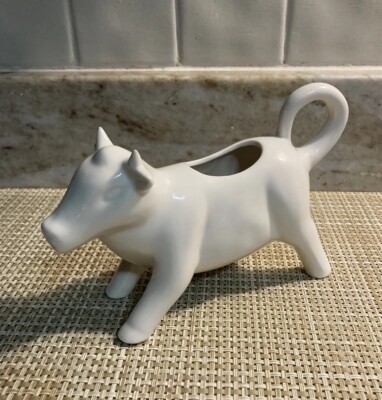 Creative Co-Op White Cow Calf Ceramic Milk Creamer Pitcher 7” X 4” Farmhouse-image