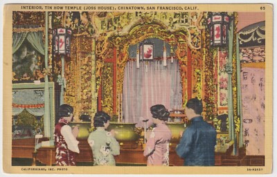 Interior, Tin How Temple (Joss House), Chinatown - Vintage Linen Postcard-image