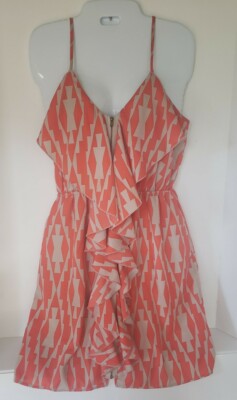 Orange Aztec Geometric Full Front Zipper Ruffle Sleeveless Dress Size Medium -image