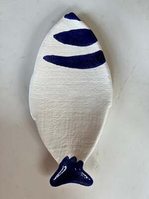 Large Creative Co-Op Ceramic Blue and White Fish Serving Dish Platter Tray-image