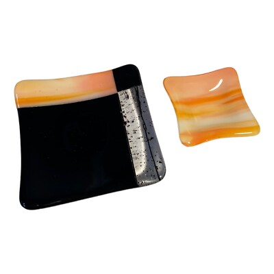 2 Fused Orange/Black & White Art Glass 5x5 & 3x3 Square Plates MCM-image