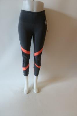 NWT WOMENS MARIKA GREY BLACK NEON ORANGE MESH 22 IN MID-CALF LEGGINGS S *-image