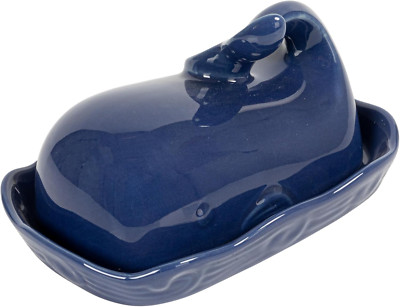 Creative Co-Op Dark Blue Whale Shaped Butter Dish with Lid-image