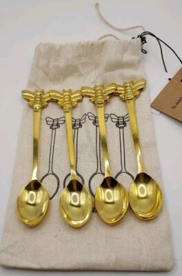 Set Of 4 Brass Demitasse Spoons w/Bees Drawstring Bag DF7819 Creative Co-op NWT-image