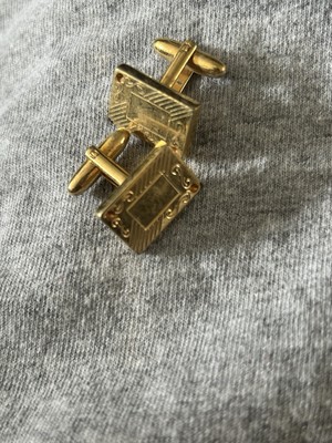 Vintage Gold Tone Men's Cufflinks Mid Century Sparkle Orange Crystal Like Insert-image