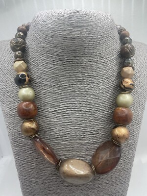 Brown & Brass Tones Acrylic Chunky Beaded Graduated Mid Necklace Statement-image