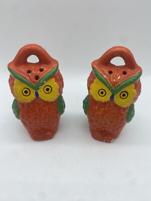 Owl Bird Retro Kitchy Orange Yellow Green Mid Century Salt & Pepper Shakers 3”-image