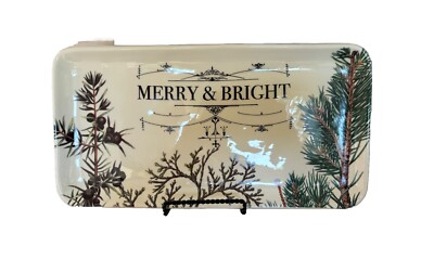 Creative Co-op Dolomite “Merry & Bright” 14”L 7 1/4W Plate With Botanical Design-image