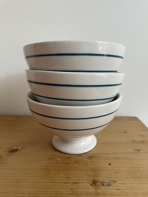 Three Creative Co-op White And Blue Striped Cafe Au Lait /Cereal Footed Bowls-image