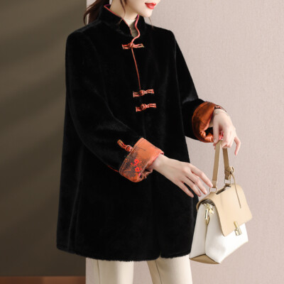 Stand Collar Womens Chinese Style Mid long Faux Mink Fur Outwear Coats Overcoats-image