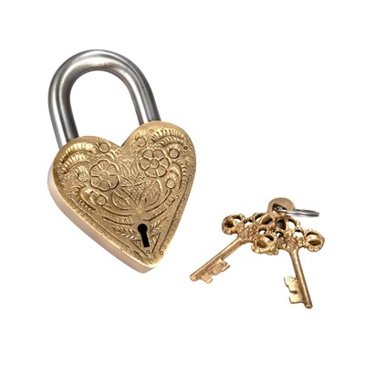 Stainless Steel Heart Shaped Lock with Flowers and Matte Finish, Brass, Set of 3-image