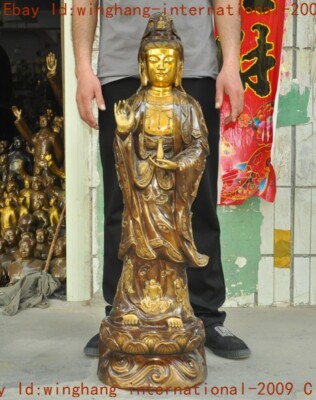 China Buddhsim joss Gilt Bronze Kwan-yin Quan yin Guanyin Bodhsiattva Sculpture-image