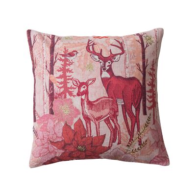 Square Cotton and Linen Printed Pillow with Flora/Fauna Pattern, Berry Color ...-image