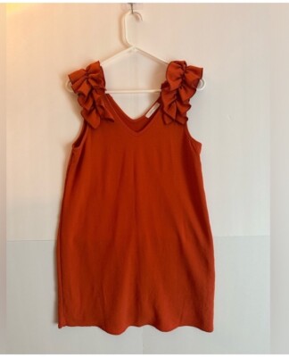 Entro Dress • Ruffle Shoulder• Sleeveless• V-neck• Size Small• Rust Color-image