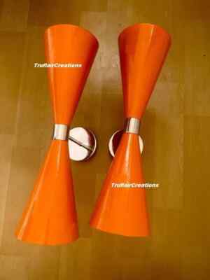 Pair Italian Modern Orange Anique Brass Enamel Wall Lamps Mid century Lighting W-image