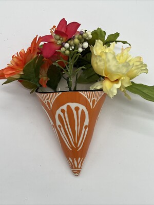 Creative Co-op Stoneware Wall Cone Vase, Wall Pocket, Orange & White Flower-image