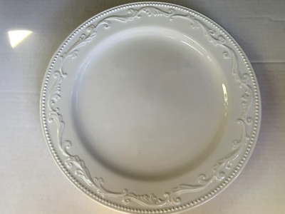 MESA INTERNATIONAL, LARGE WHITE DINNER PLATES, EMBOSSED SCROLLS DECORATION  (4)-image