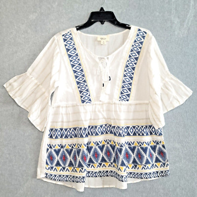 Style & Co Top Womens Small White Artsy Boho Flare Sleeve Peasant Popover Gauze-image