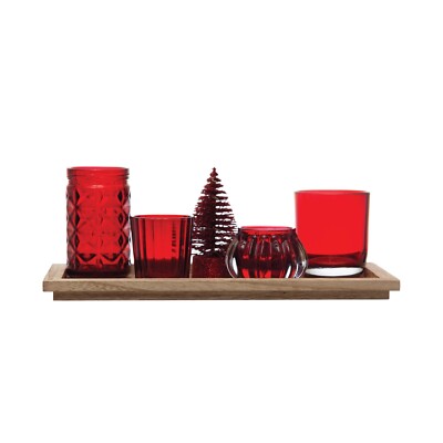 Creative Co-op Red Votive Holders with Wooden Tray ~~ Set of 6 ~~-image