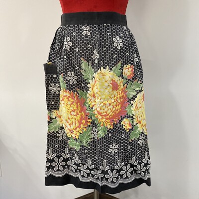 Vintage printed cotton half apron retro mid century floral black white orange-image