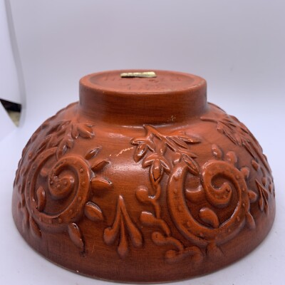 Vintage Haeger #102 USA Pottery Bowl Raised Scroll Work Planter Orange Mid Mod-image
