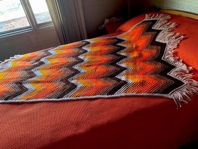 Vtg Zig Zag Granny Crochet Afghan~orange Chevron fringe-Mid Century Missoni Look-image