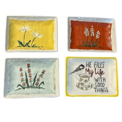 Creative Co-op Set of 4 Stoneware Botanical Bible Verse Small Trinket Dishes-image