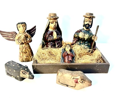 Folk Art Nativity Set By Creative Co-op~ Baby Jesus Manger 6 Piece Resin-image