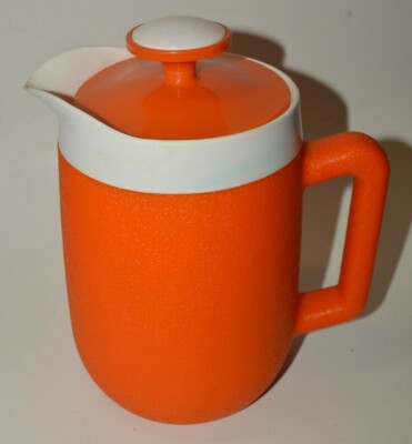 Nice Vintage MOD Small Plastic ORANGE & White Water Tea Pitcher Vietnam -image