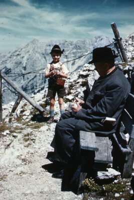 Kodak Slide 1950s Orange Border Kodachrome Boy in Lederhosen Alps Mountain Top-image