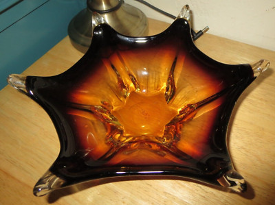 1960's Murano Star Glass Art 6-Point Amber-Brown Orange Mid Century Centerpiece-image