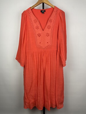 Tacera Coral Orange Embroidered Boho Coastal Knee Length Lightweight Dress Sz S-image