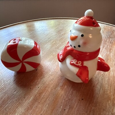 Creative Co-op,  Snowman & Peppermint Candy Christmas Salt & Pepper Set-image