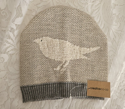 Knit Cotton Hat Creative Co-Op Made in India Bird Beanie Gray-image