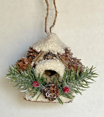 Creative Co-Op Winter Bird House Ornament Faux Snow Mini Pine Cones & Branch 3