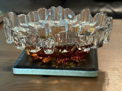 Muurla Finland Amber Clear Glass Ruffled Bowl Mid Century Modern Label 5 1/4