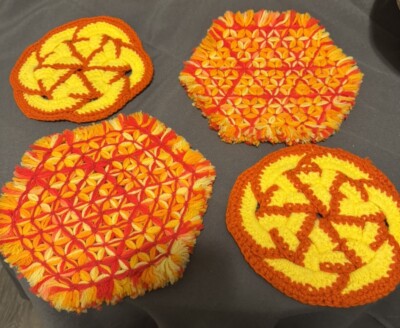 Mid Century Hand Crocheted Pot Holders Orange And Yellow Set Of 4-image