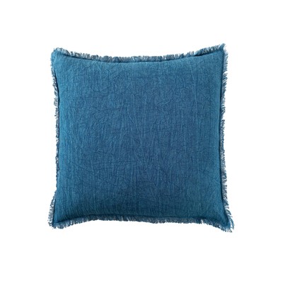 20 Inches Square Stonewashed Linen Fringe, Navy Pillow, Blue-image