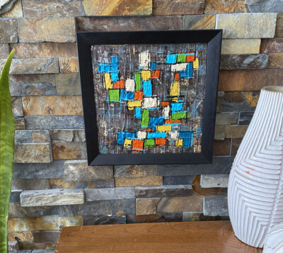 Mid Century Modern Abstract Acrylic Painting Blue Orange-image