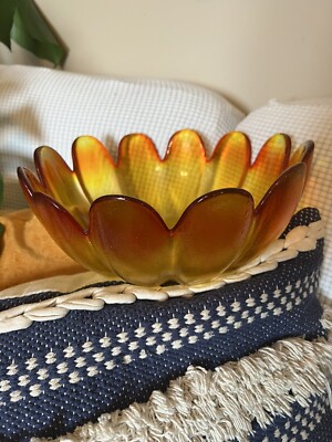 Mid-Century Tangerine Scallop  Lotus Bowl 11in. Indiana glass-image