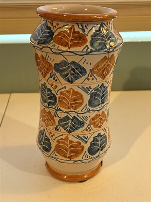 mid-century pottery vase Italy, Peasant Valley, leaves, 8 inch, blue, orange-image