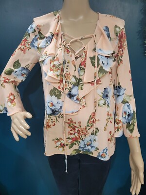 SIZE S MY MICHELLE Multi Colored Peach Mid Sleeve Wing Blouse INVPV808-image