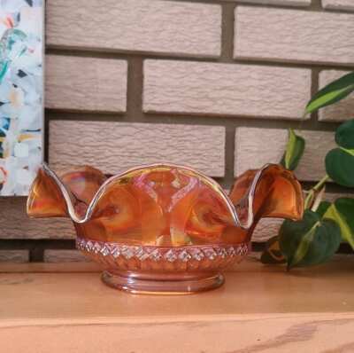 Vintage Marigold Carnival Glass Bowl - Vintage Orange Mid Century-image