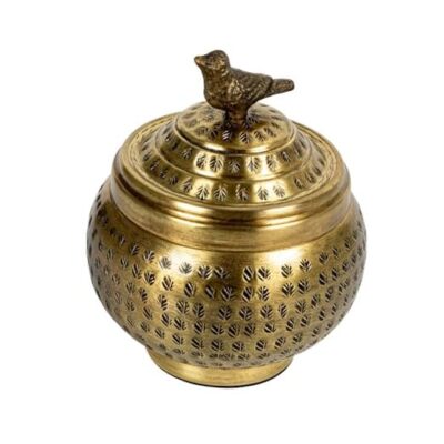 , Brass Round Hammered Metal Container with Finial, Finish Bird-image