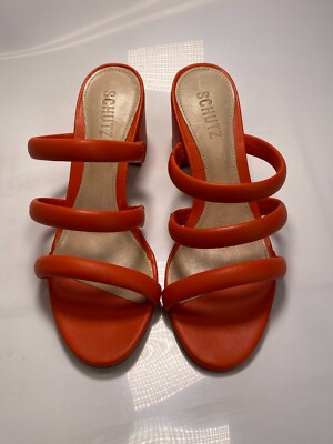 Schutz Women's Olly Mid Block Nappa Orange Leather Sandal sz 9.5-image