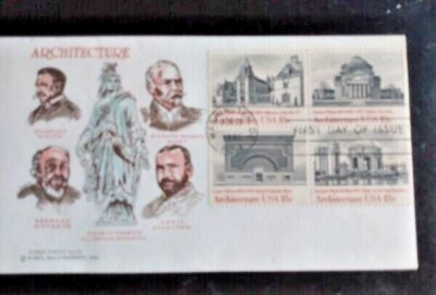 AMERICAN ARCHITECTS MAYBECK HUNT WHITE SULLIVAN 1980 DORIS GOLD CACHET FDC UNAD-image
