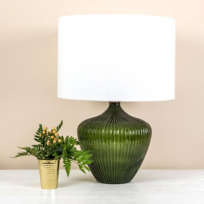 Creative Co-Op Green Glass Table Lamp with White Drum Shade-image