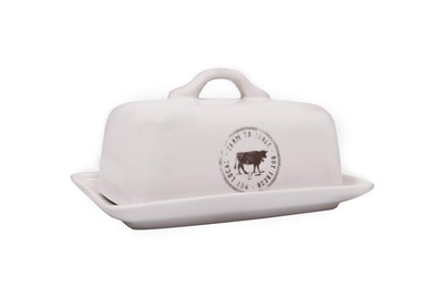 Creative Co-op Stoneware Butter Dish with Cow Decal, 6.75